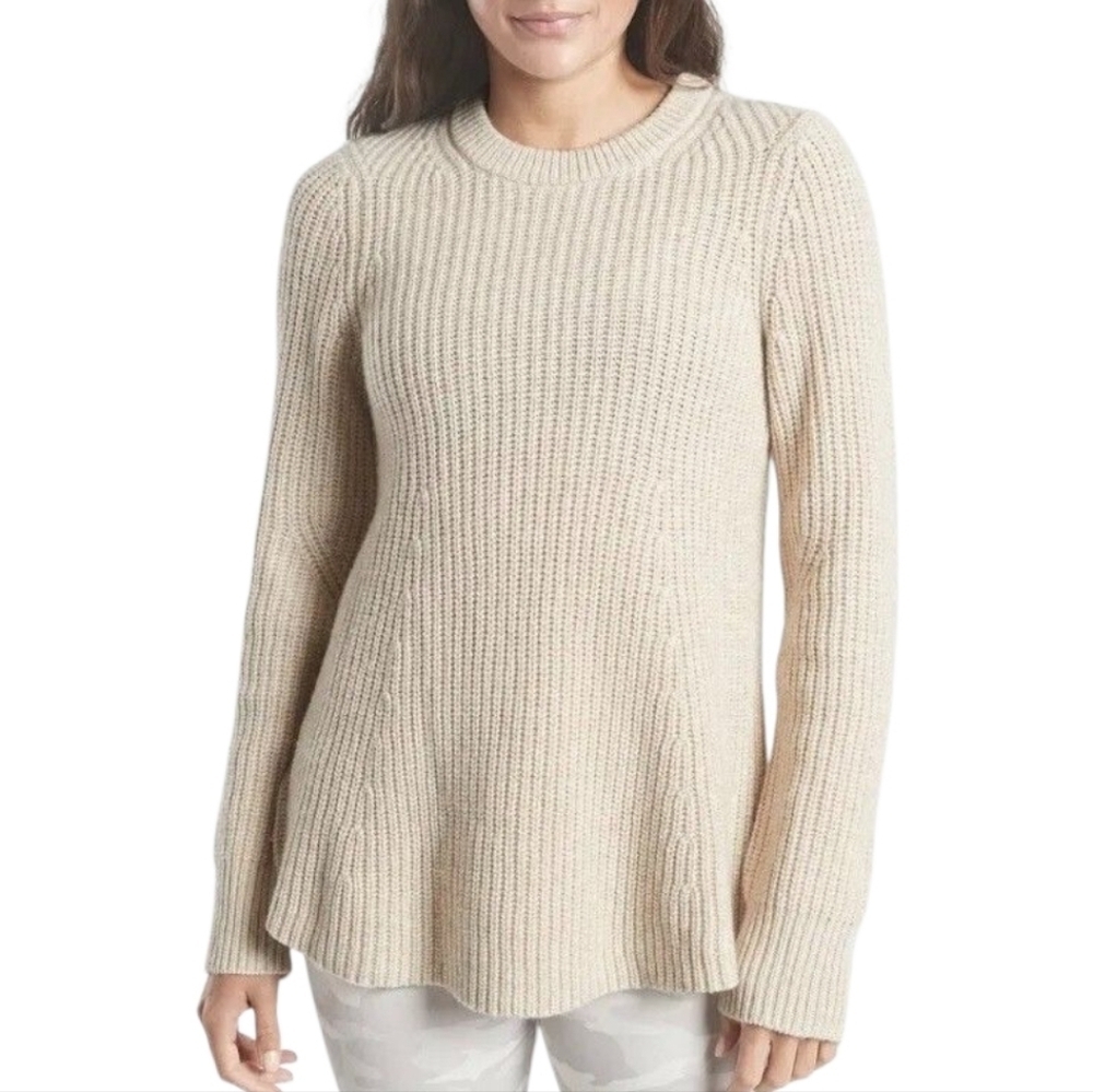 Athleta Sierra Crew Sweater XL Beige Wool Blend Knit Long Sleeve Cozy Cabincore